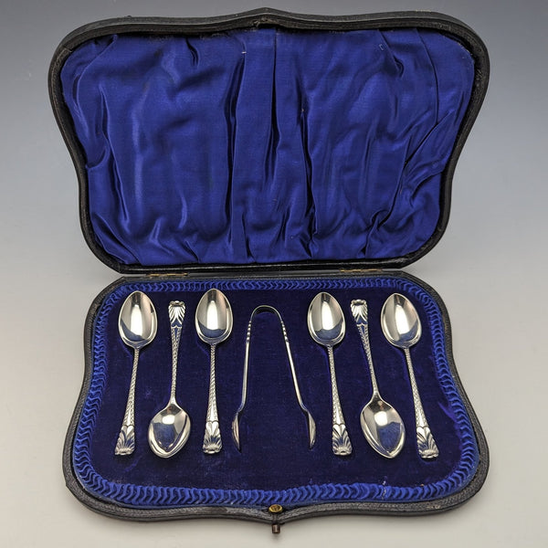1908年 英国アンティーク 純銀製ティースプーン6本&シュガートングセット ケース入り Atkin Brothers